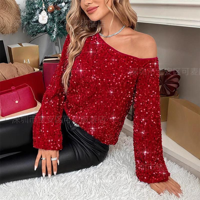 Quality Elegant One-Shoulder Sequined Top with Exquisite Sequined Decoration and Comfortable Long-Sleeve Design for Christmas factory