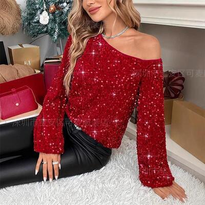 Quality Elegant One-Shoulder Sequined Top with Exquisite Sequined Decoration and Comfortable Long-Sleeve Design for Christmas factory