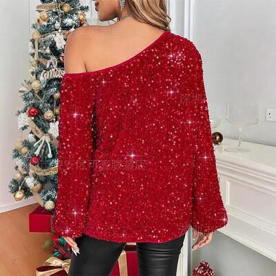 Quality Elegant One-Shoulder Sequined Top with Exquisite Sequined Decoration and Comfortable Long-Sleeve Design for Christmas factory